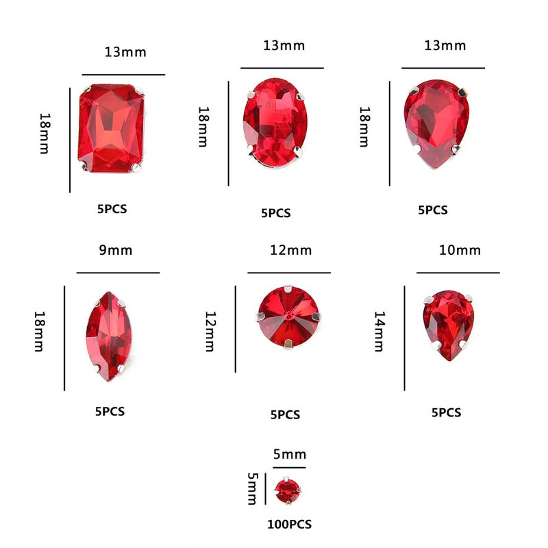 Choupee Sew On Rhinestones, Choupee 130PCS Red Sew On Stone Metal Back Prong Setting Sewing Claw Rhinestone Mix Shapes Sew On Glass Gems for Jewelry, Clothes, Costume, Shoes, Belt, Dress, Garments and Crafts - Image 4